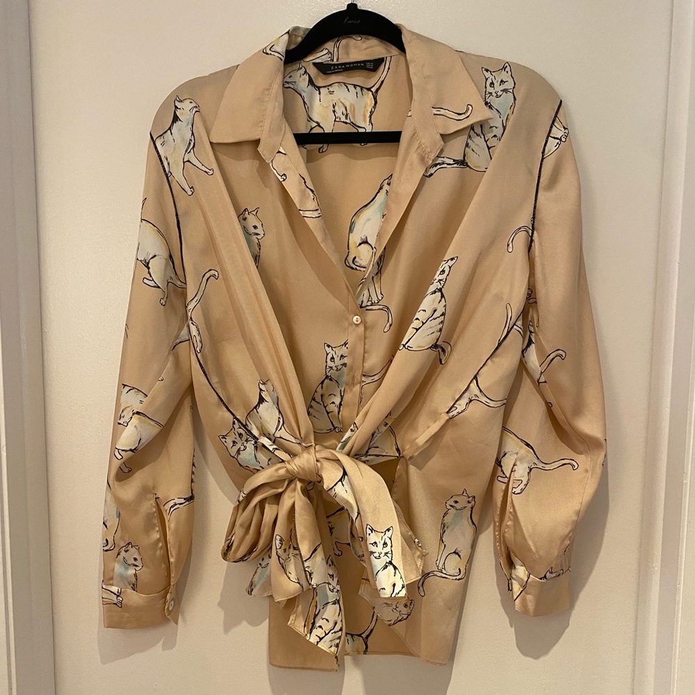 Zara blush cat print button down top